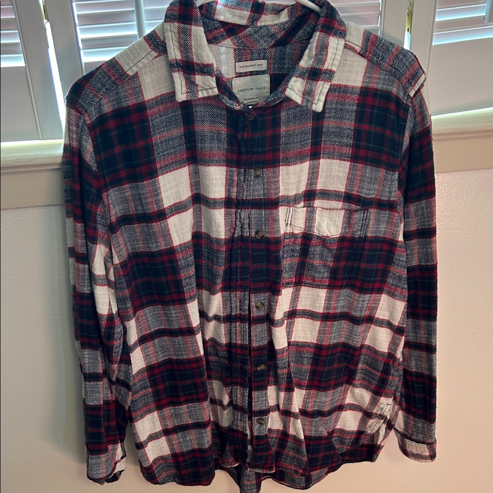 Red and  Navy Plaid Button-Up Shirt